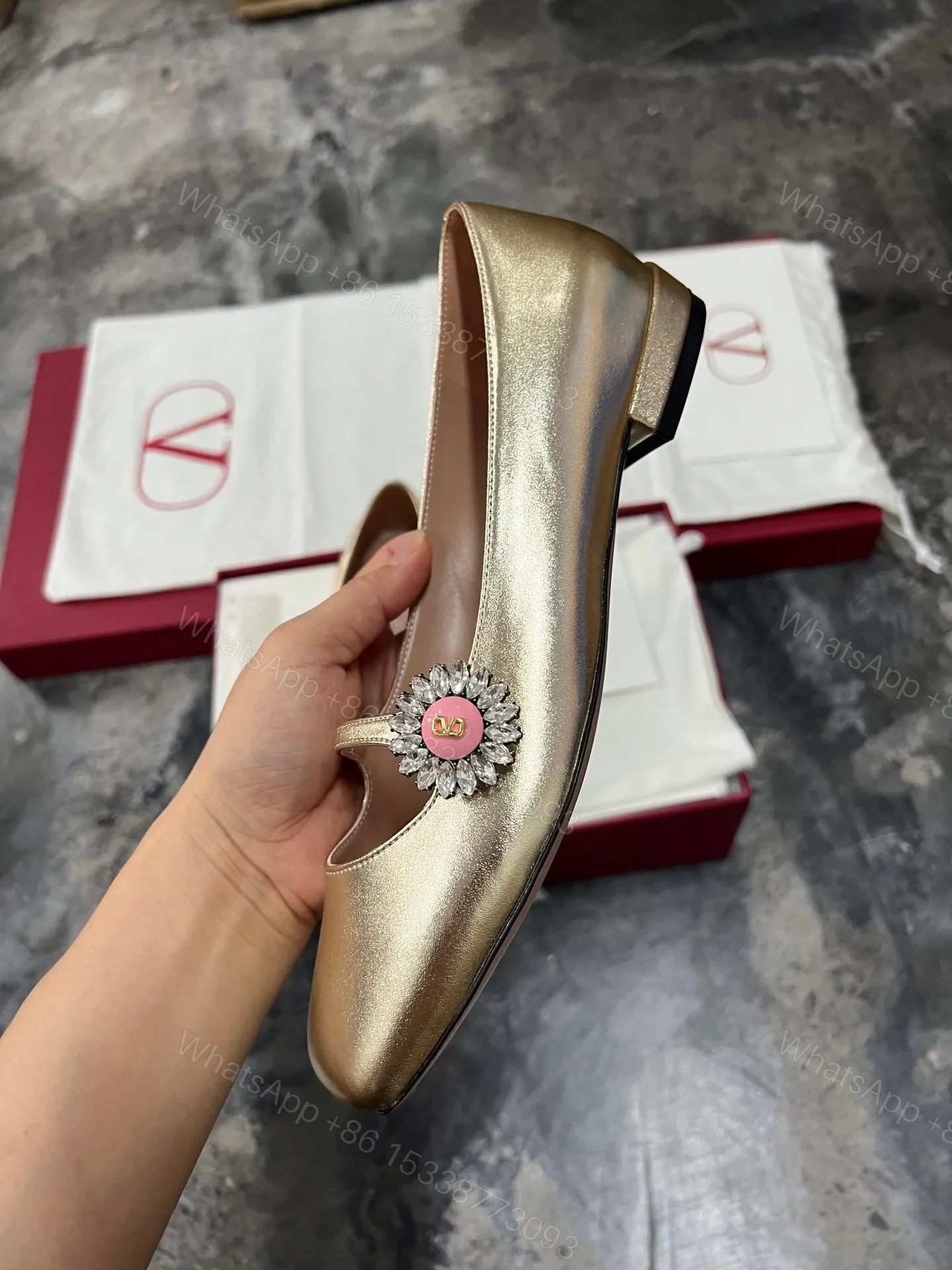 View 3 of Valentino Women Gold Leather Embellished Flats