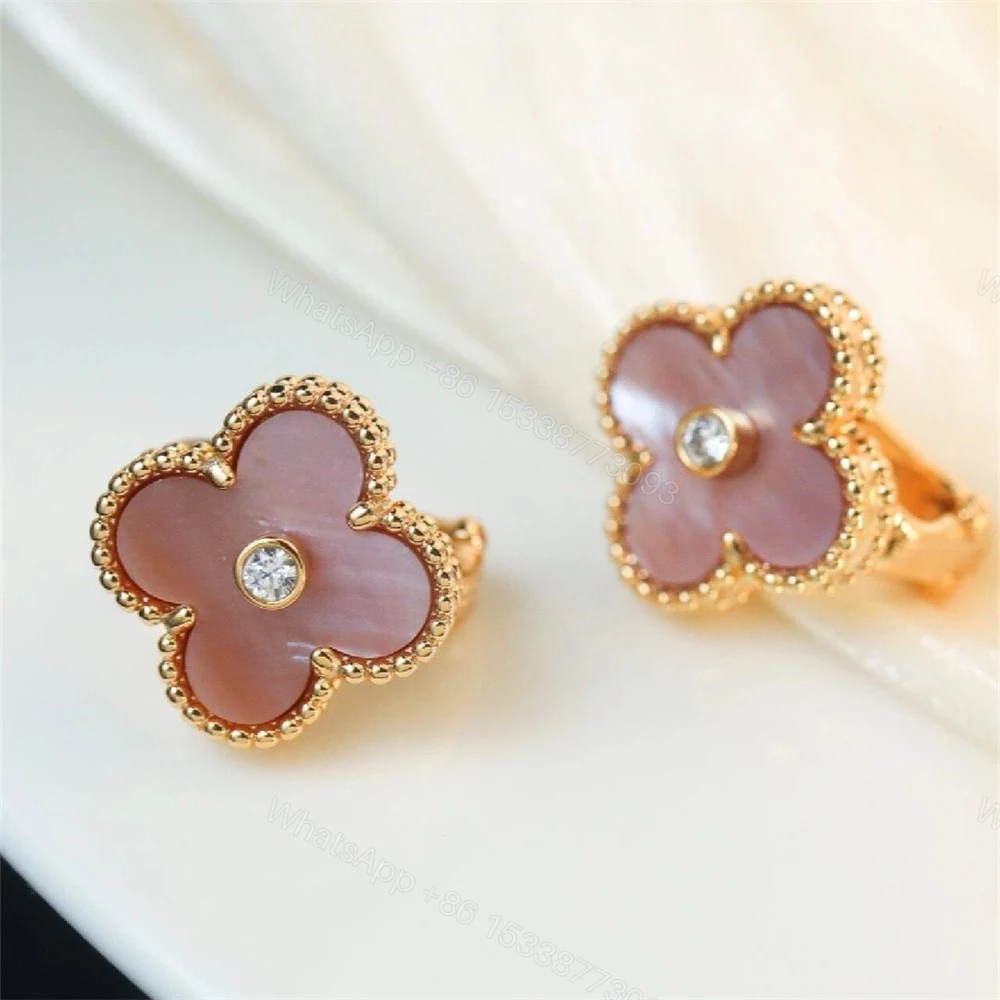 View 5 of Van Cleef & Arpels 18K Vintage Alhambra Earrings Pink Mother-Of-Pearl Diamond