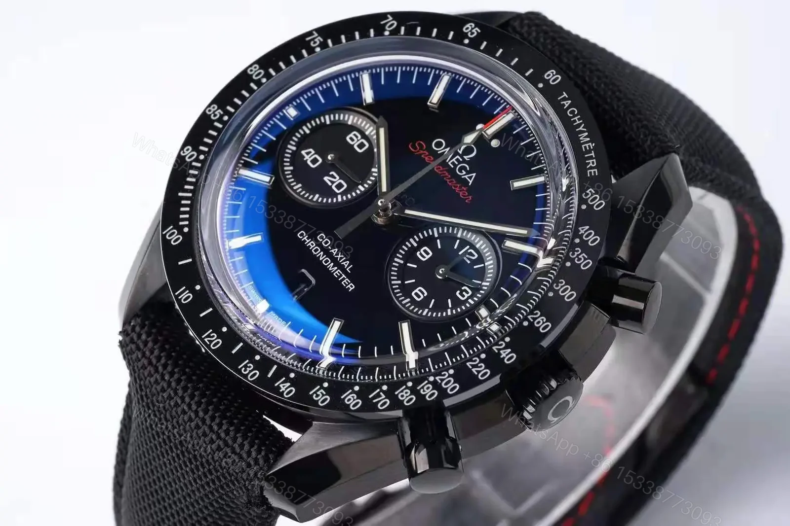 View 4 of Omega Speedmaster Dark Side of the Moon Chronograph Men’s Watch Black Dial with Blue Sub dials 17.2mm Case Thickness 9300 Automatic Movement