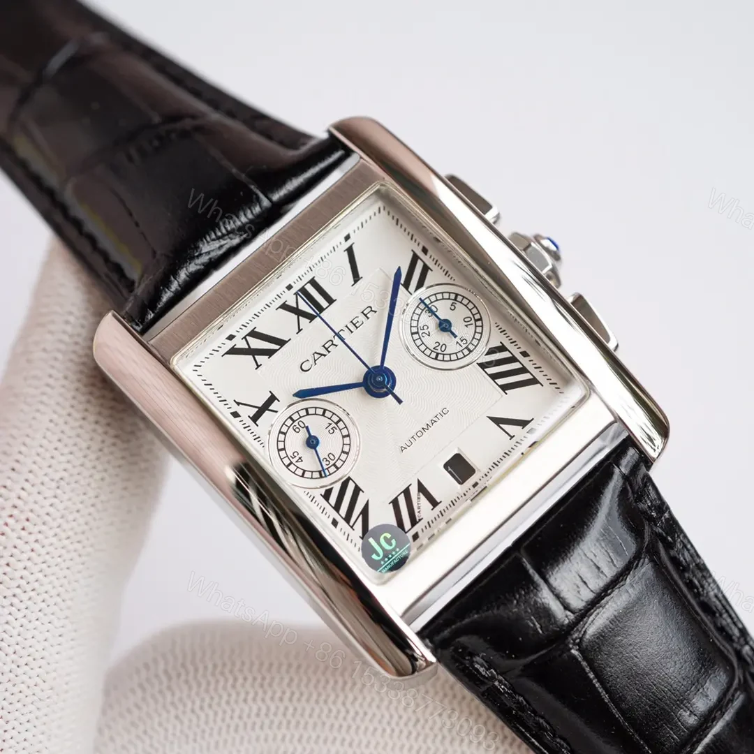 View 7 of TW Factory Cartier Tank Series W5330007 Silver Stainless Steel Watch with Black Leather Strap and Blue Sub-dials