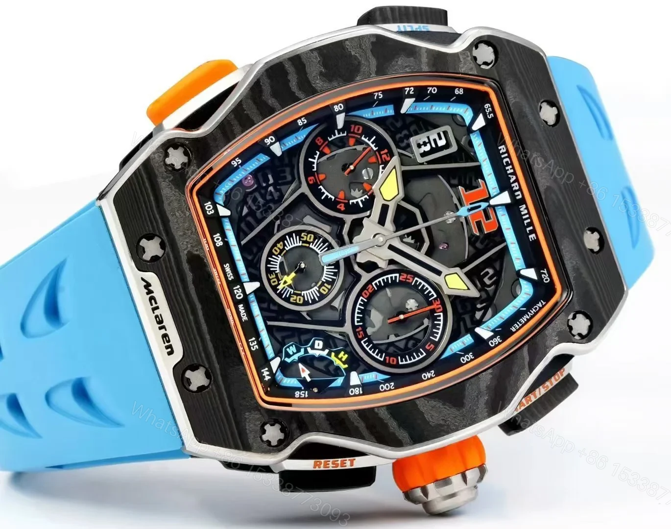 View 2 of Richard Mille RM65-01 McLaren W1 Automatic Chronograph Watch Blue Strap Carbon TPT Titanium Skeleton Dial RMAC4 Movement Premium Edition RM65-01-MCL-W1-BLU