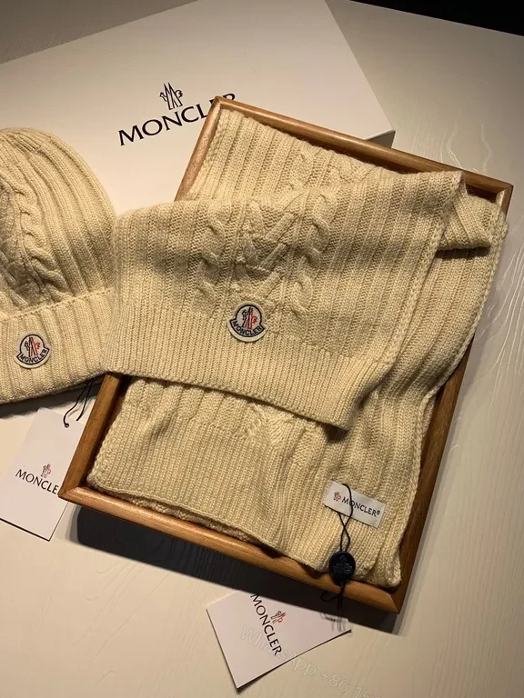 View 4 of Beige Ribbed Knit Beanie & Scarf Set â€“ Moncler Luxury Winter Accessory