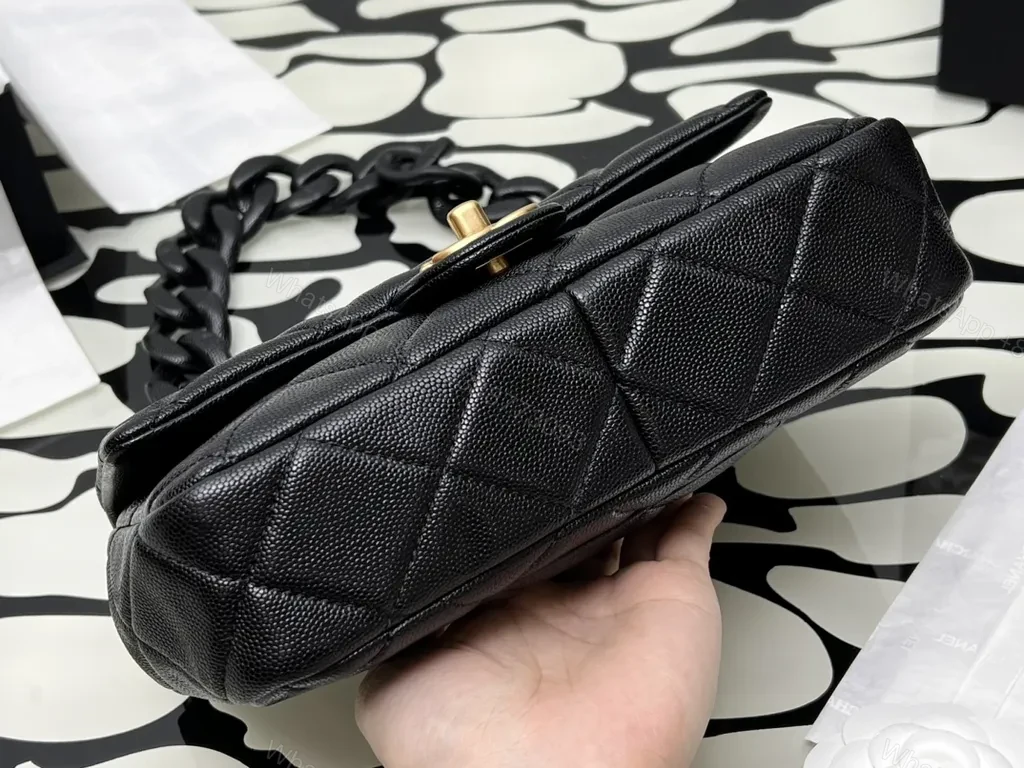 View 6 of Compact Quilted Black Flap Bag with Gold Hardware, Chain Carry