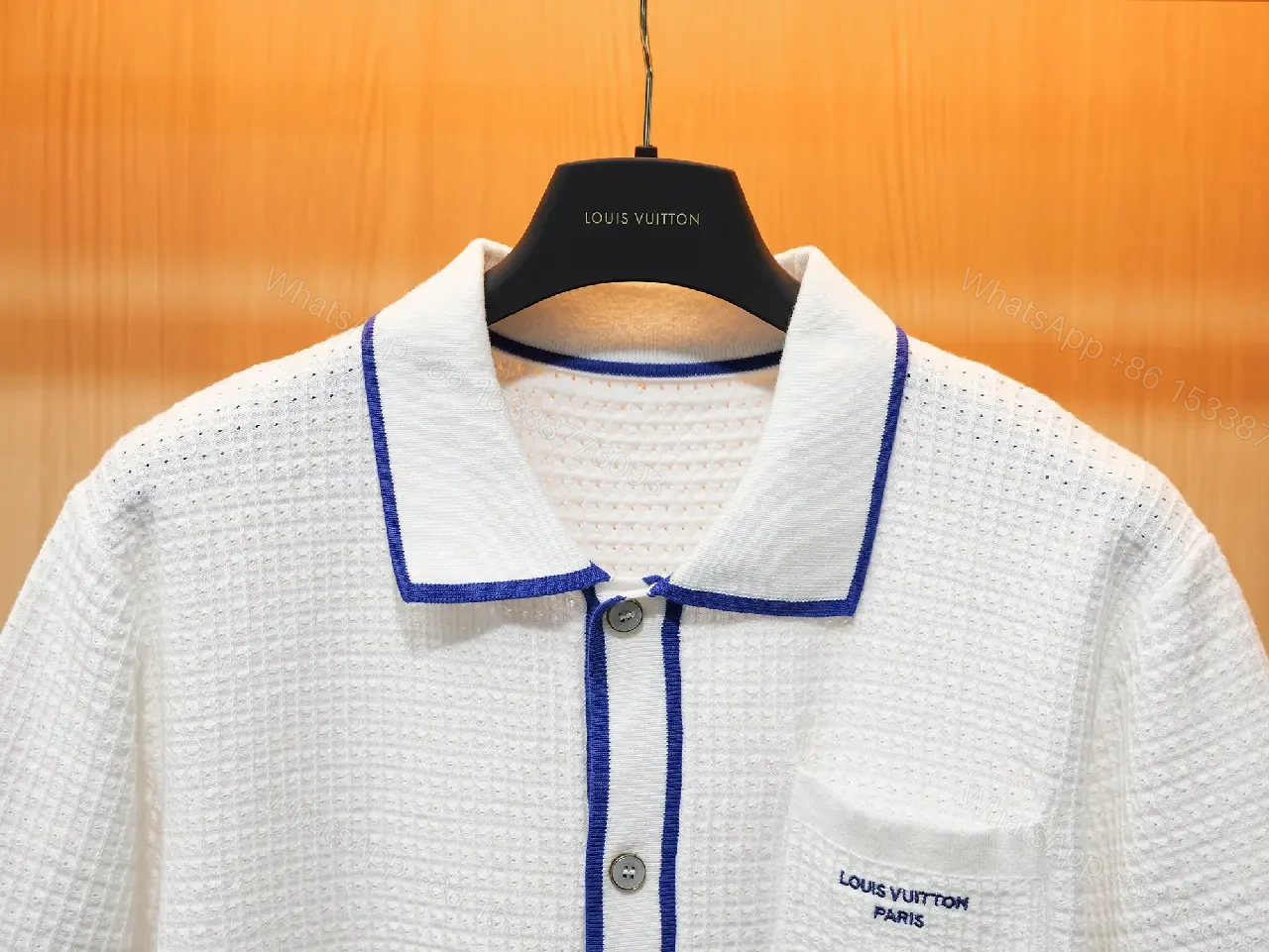 View 6 of White Polo Shirt Dress Knit with Blue Trim Subtle Louis Vuitton Label