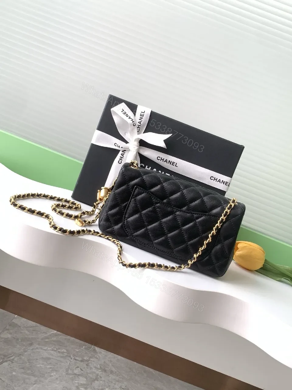 View 9 of Quilted Black Leather Crossbody, Gold Hardware, Luxury