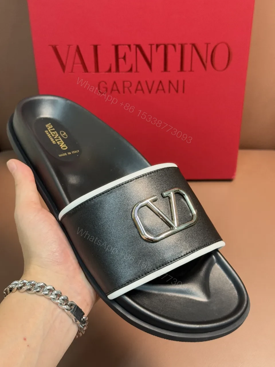 View 6 of Black Leather Slide with Contrast piping, Comfort, Designer-Inspired Slide