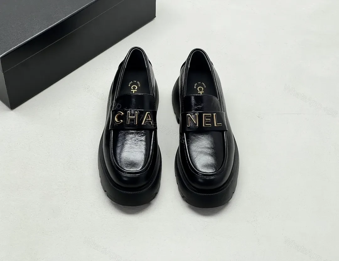View 6 of Black Leather Chunky-Soled Loafers with Gold Monogram Band