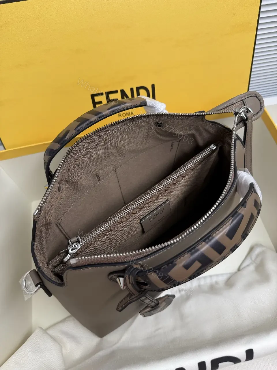 View 9 of Taupe-Gray Leather Handbag: Structured, Fendi Roma Logo Details