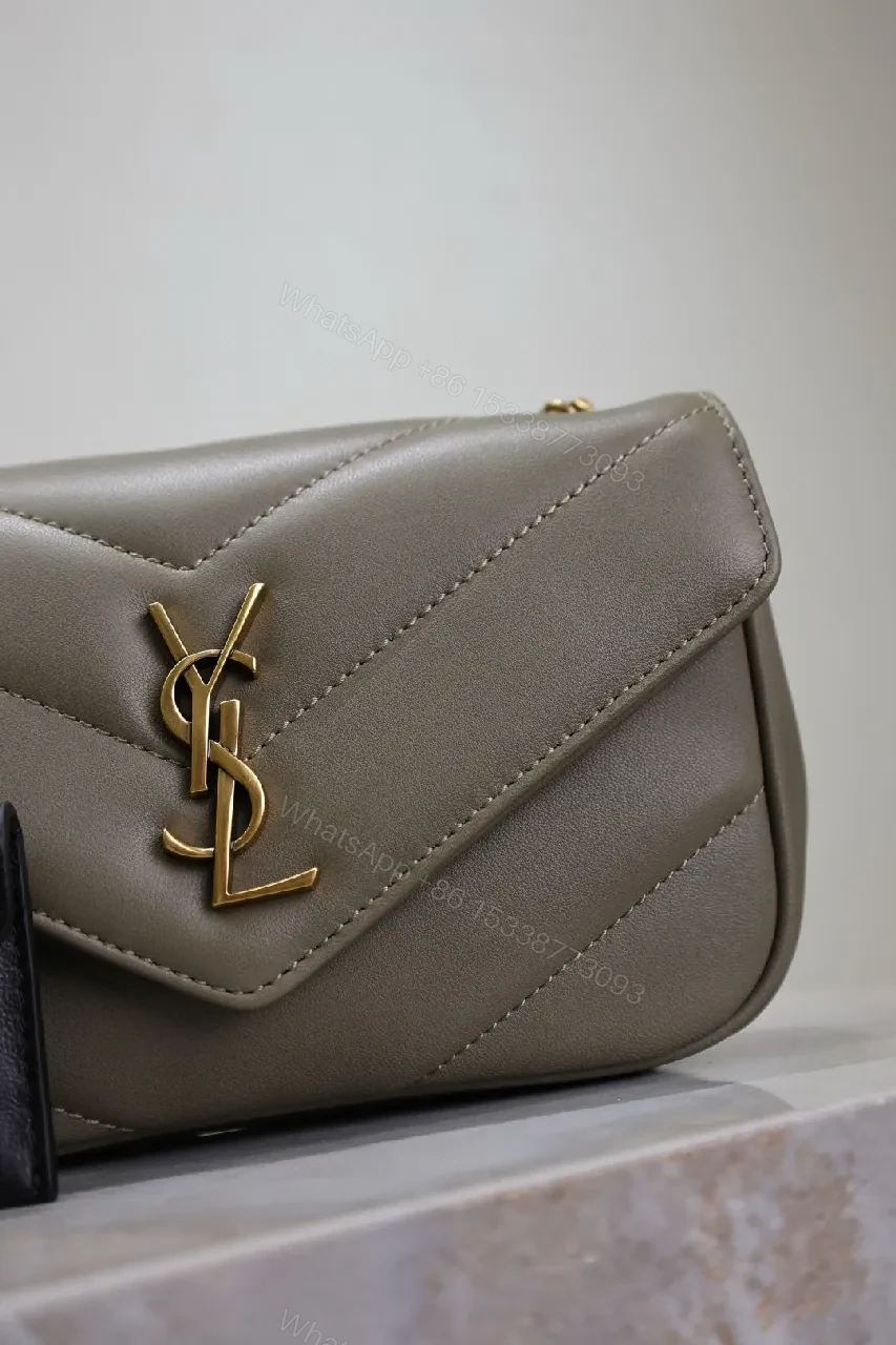 View 9 of Taupe Grained Leather Quilted Shoulder Bag with Gold Hardware