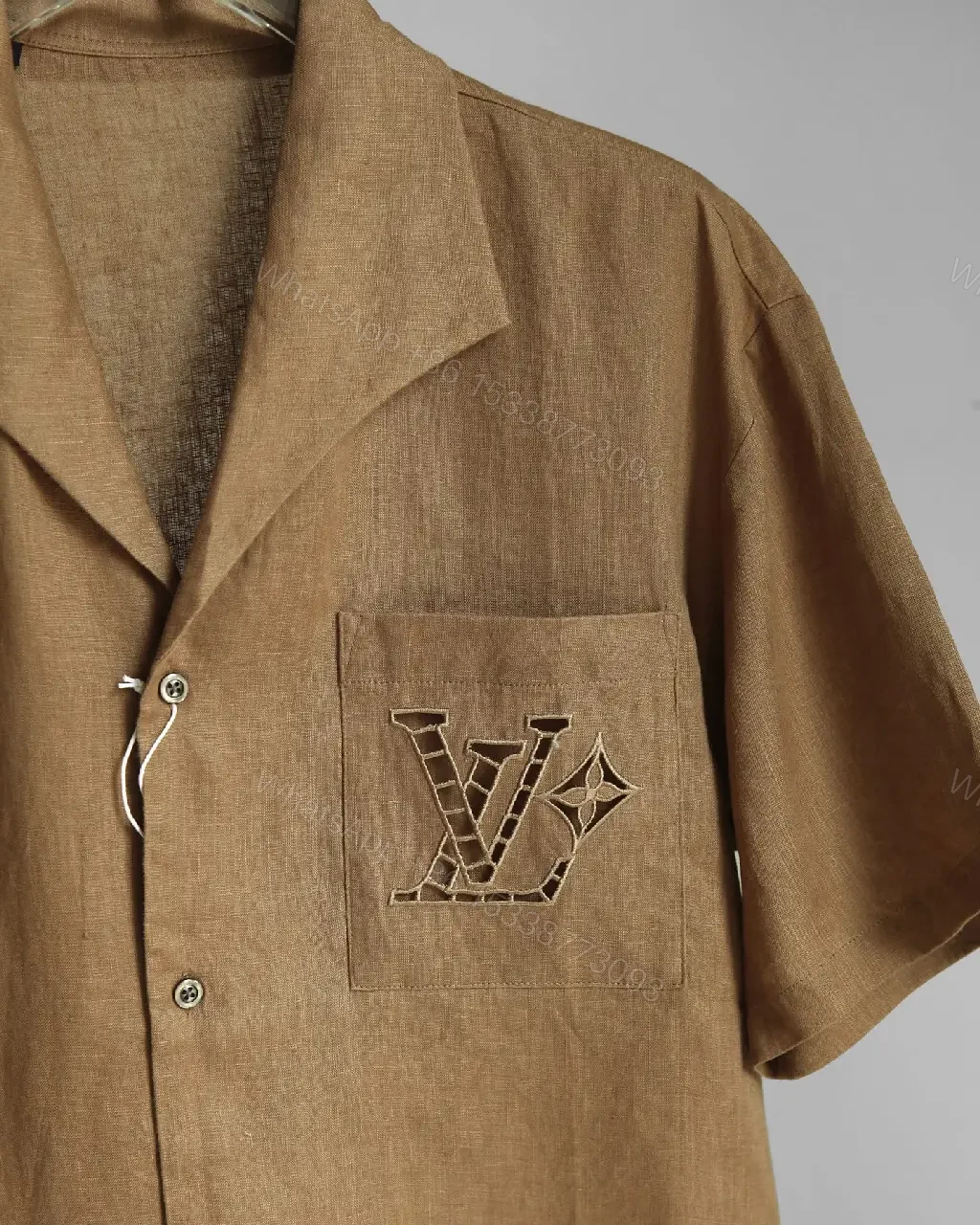 View 2 of Light Brown Heathered Camp Shirt with LV Embroidered Pocket
