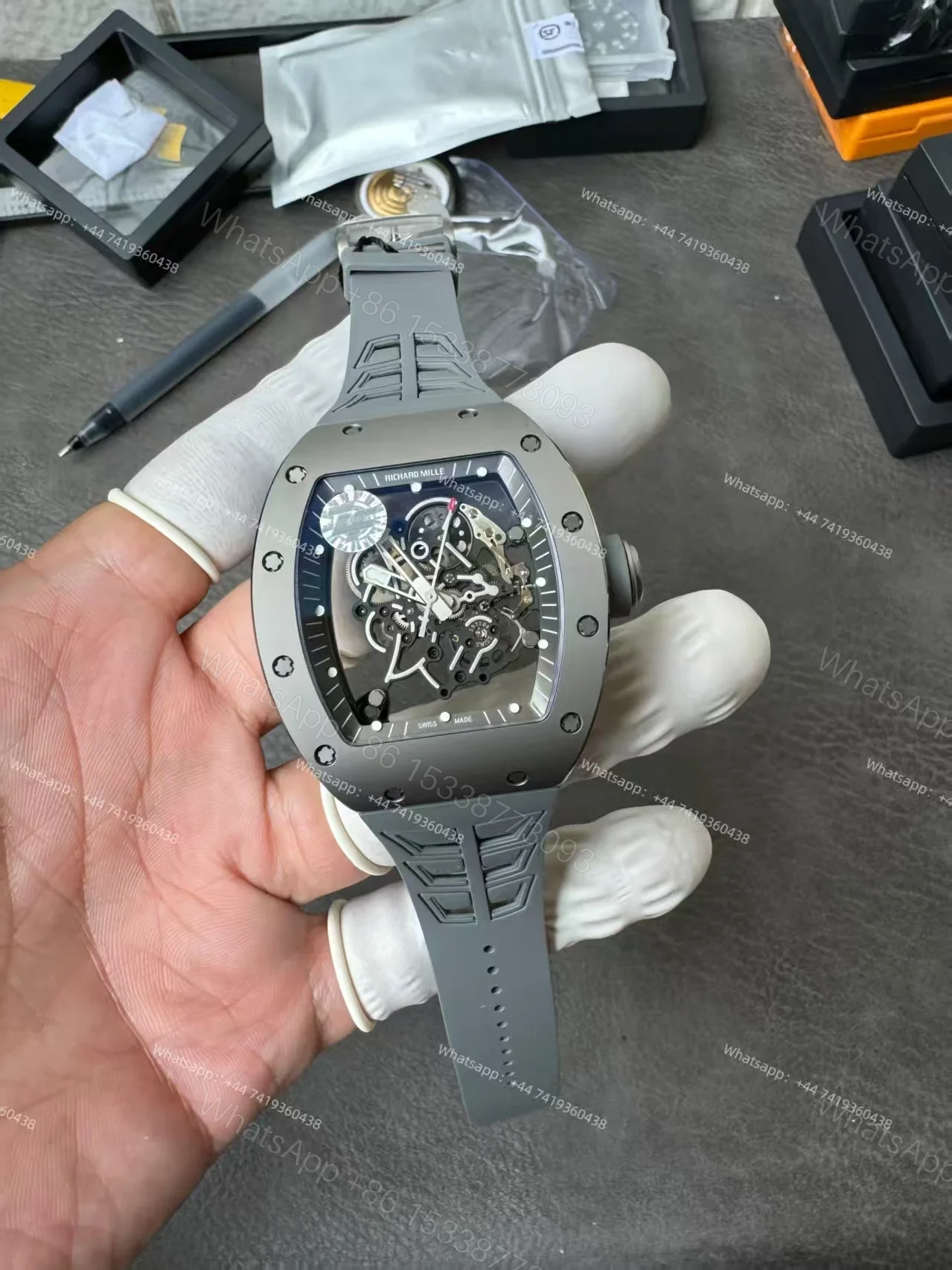 View 2 of Super Clone Richard Mille RM 055 Gray Ceramic Titanium Grey Rubber Strap 1:1 Replica Watch