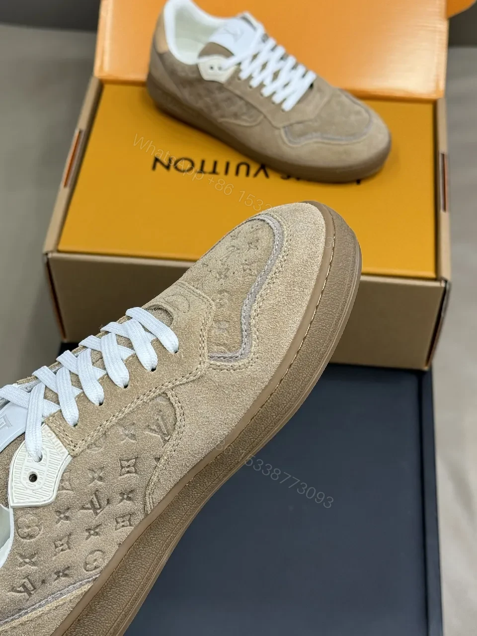 View 3 of Low-Top Luxe Sneaker: Taupe Suede, Monogram Textured Comfort