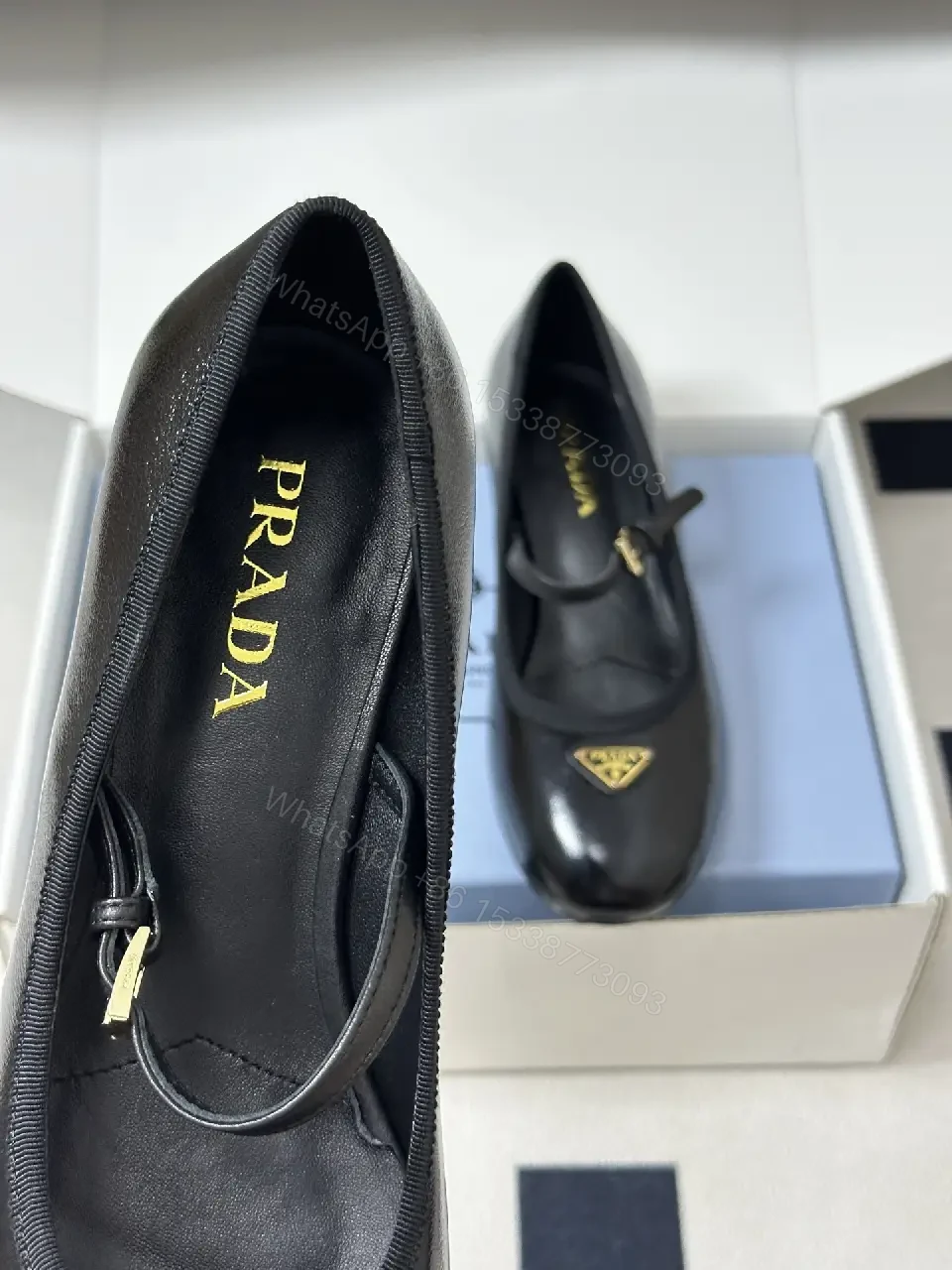 View 5 of Black Leather Mary Jane Heels with Logo Accent, Prada-inspired style