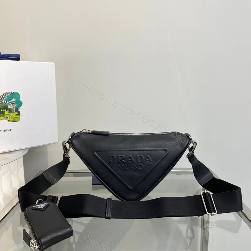 Triangular Black Leather Belt Bag — Modern Minimalist Luxury Perforated Edge — view 1