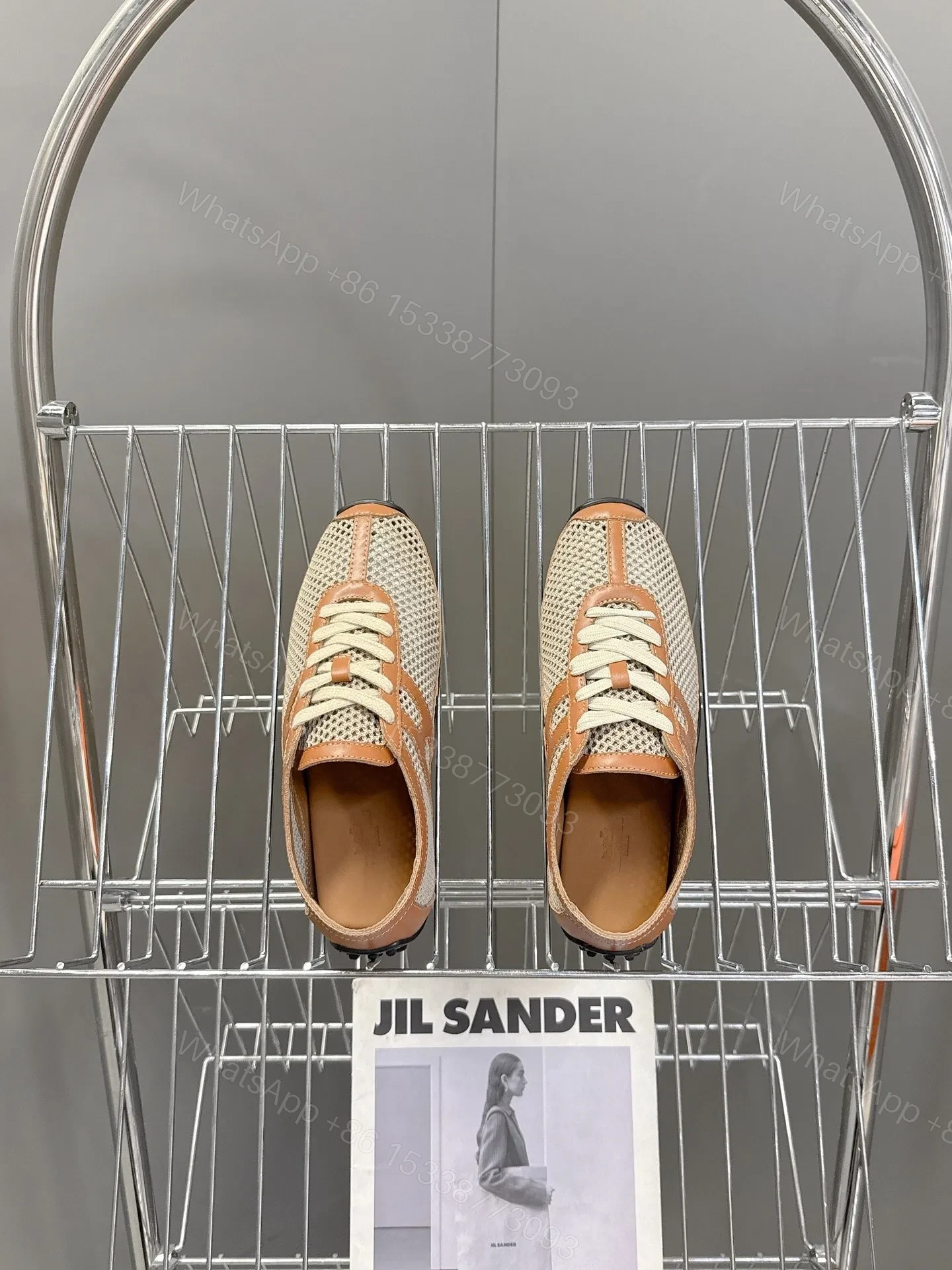 View 2 of Hermes Women Beige Mesh And Tan Leather Sneakers