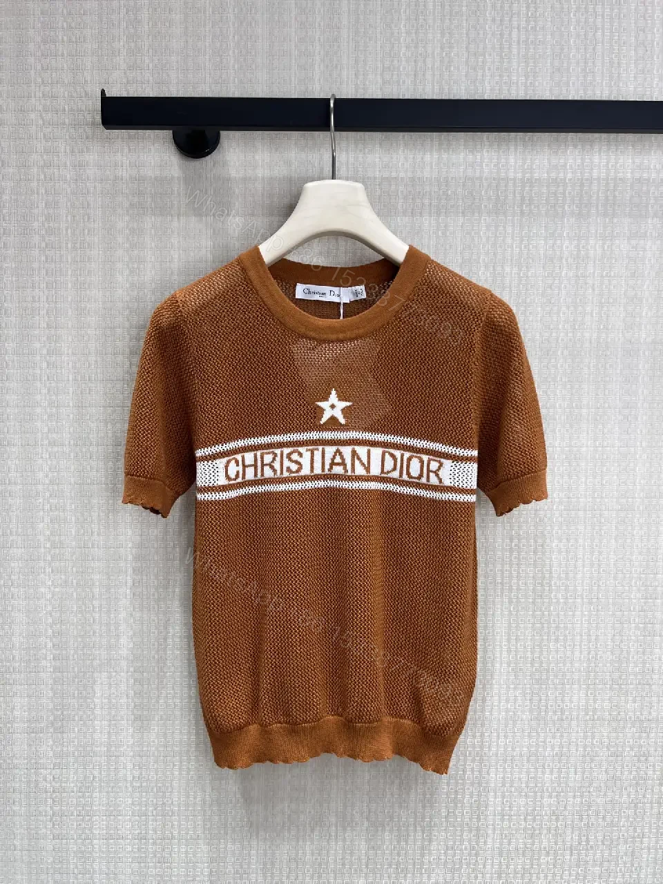 View 6 of Warm Brown Knit Top with White CH RISTIAN DIOR Band, Star, Open Weave Short Sleeve