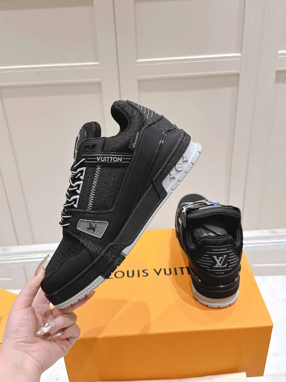 View 9 of Black Leather & Mesh Luxe High-Tops with Signature Detailing
