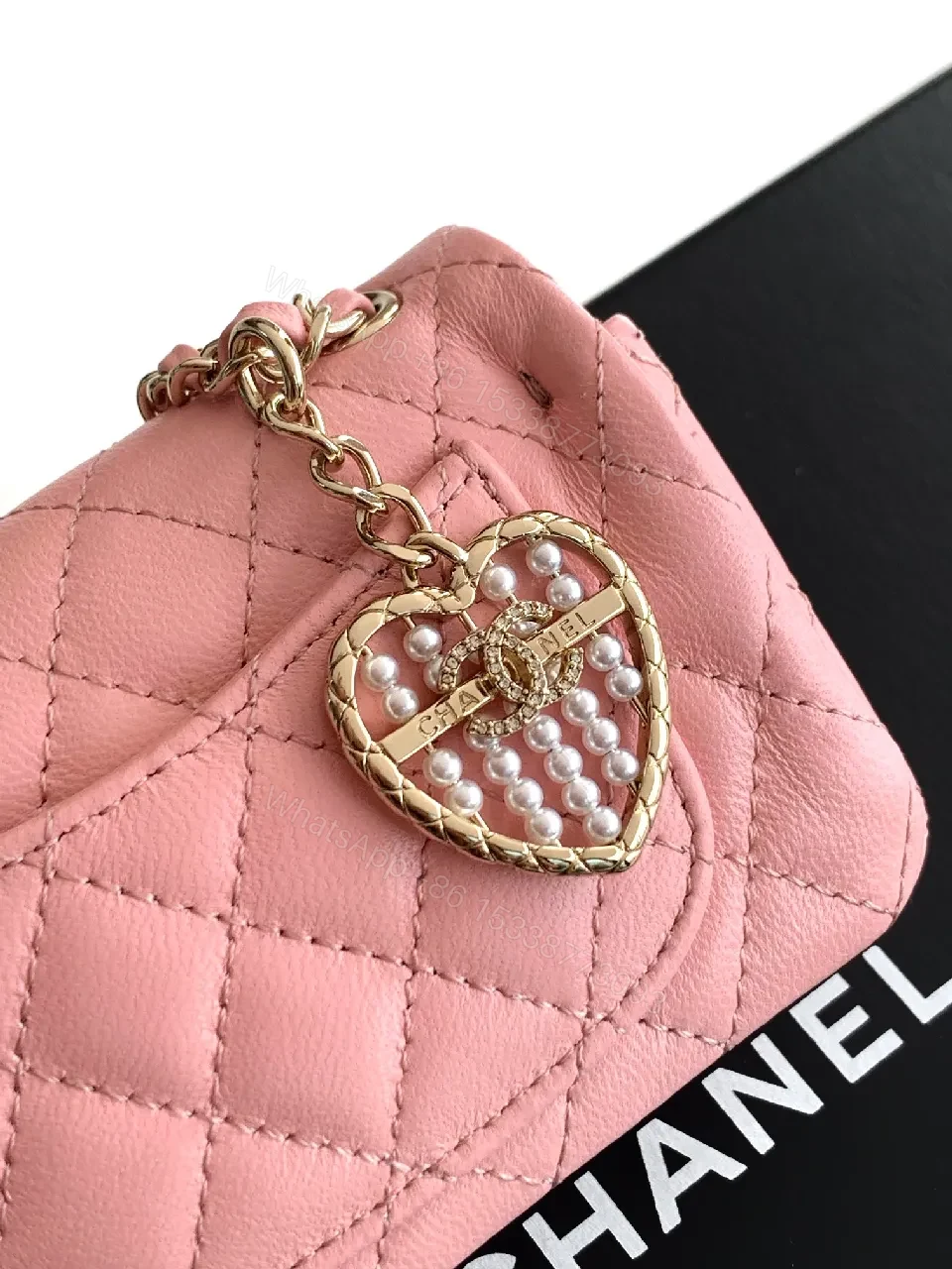 View 8 of Pink Quilted Mini Shoulder Bag - Gold Chain, Heart Charm, Lux Leather