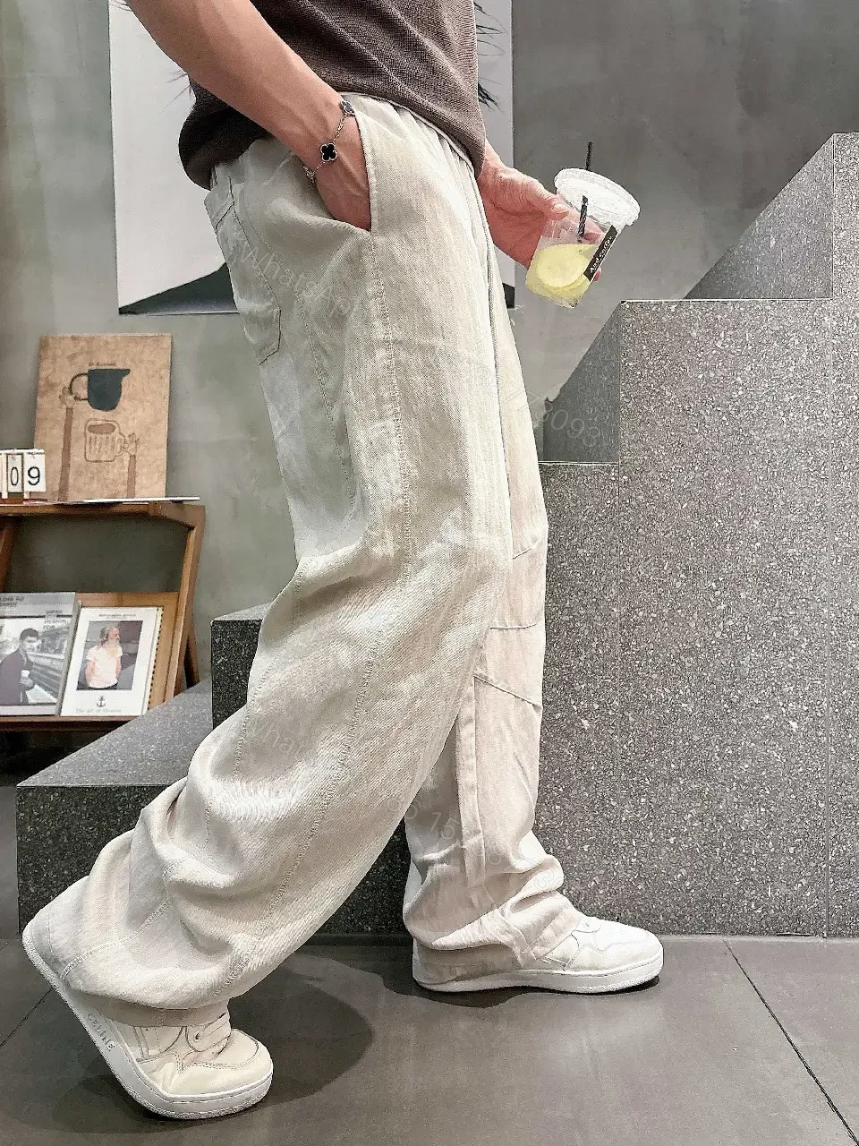 View 5 of Light Beige/Off-White Cargo Pants with Drawstring Waist, Relaxed Fit