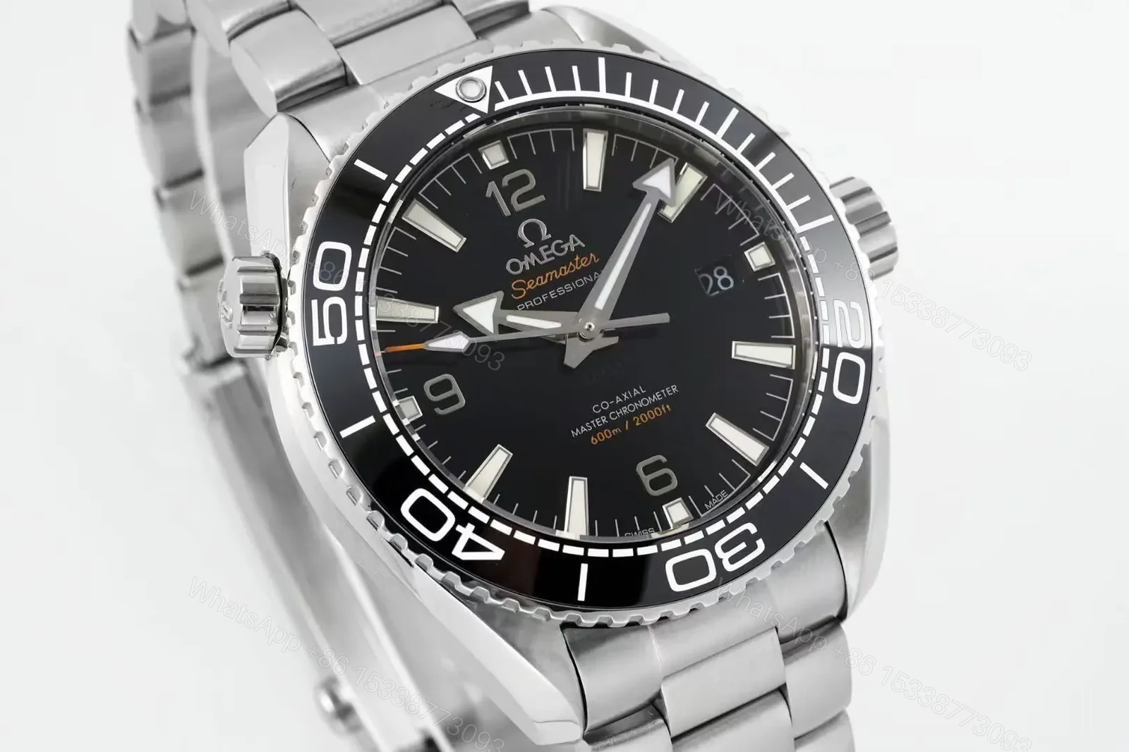 View 2 of Omega Seamaster Planet Ocean 600m Diver Watch Black Dial Stainless Steel Bracelet Quarter Orange Bezel