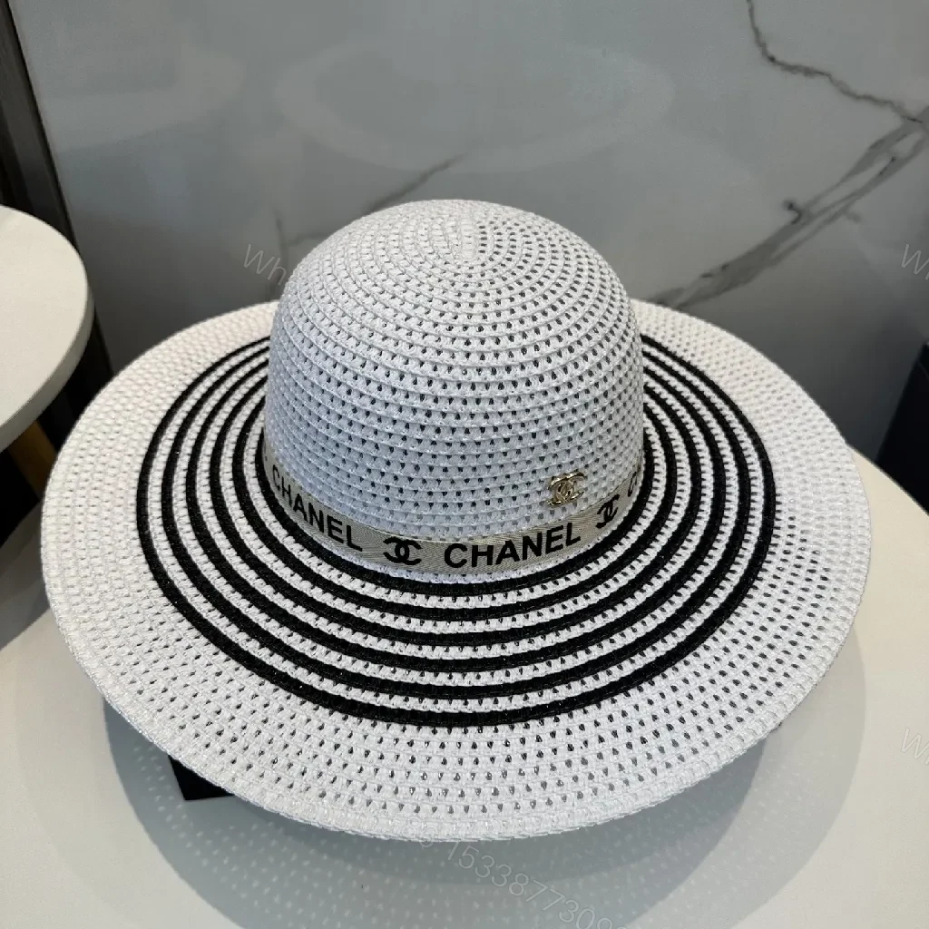 View 4 of White Straw Hat with Chanel-Inspired Band, Wide Brim, Luxe Comfort