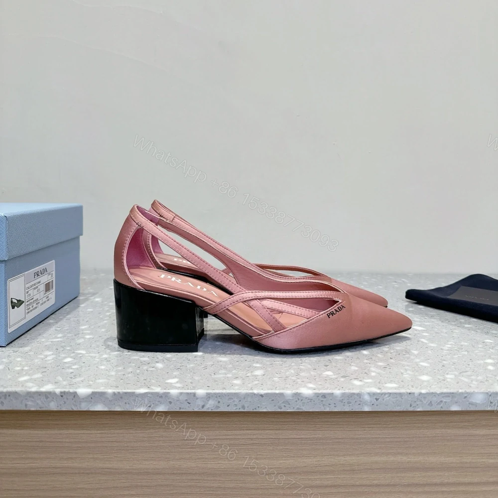 View 5 of 高仿Prada*1I747A尖頭粗跟高踭鞋5.5CM緞面粉色免檢版