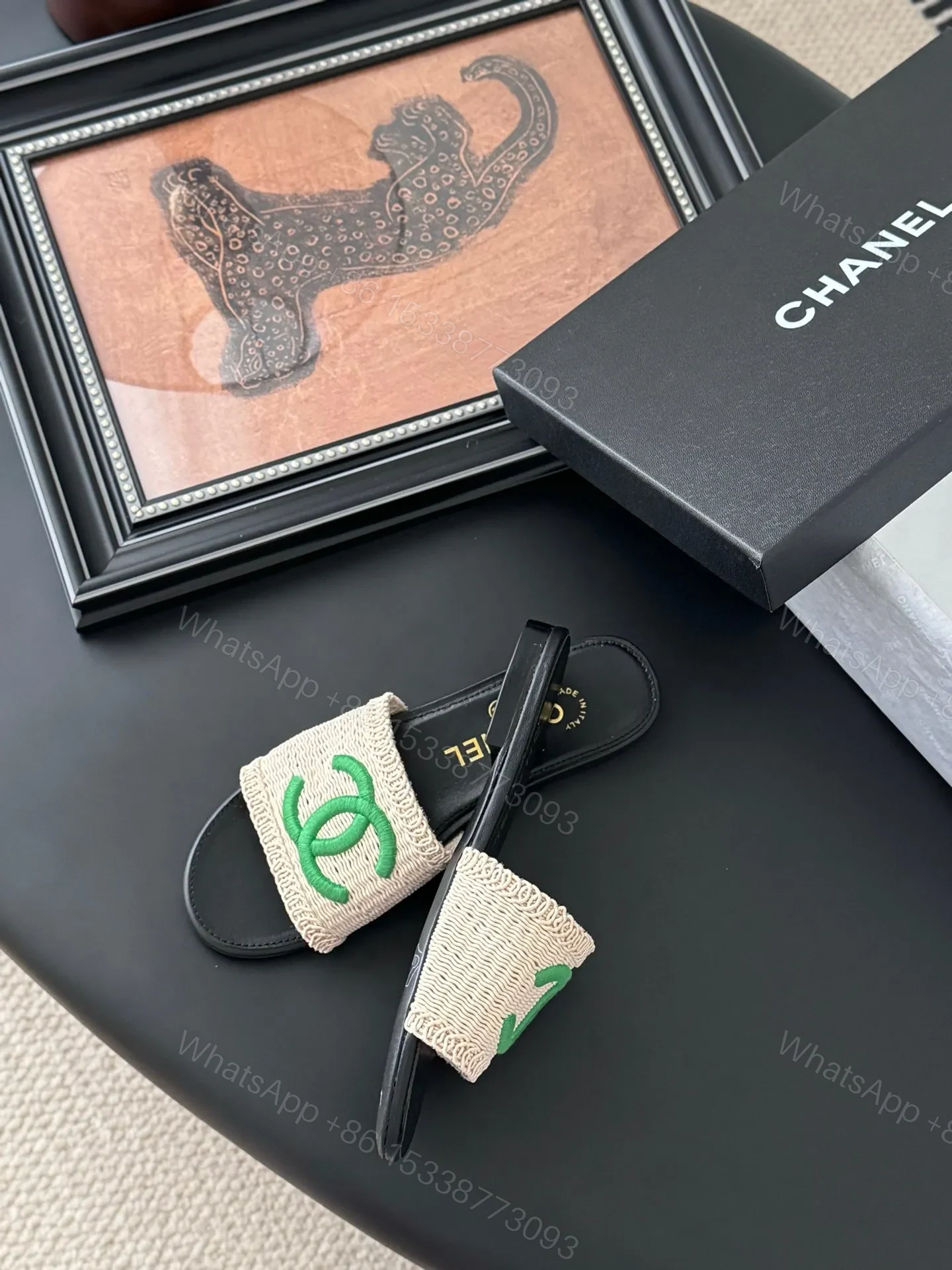 View 4 of Chanel Women Beige Fabric Green Logo Slides