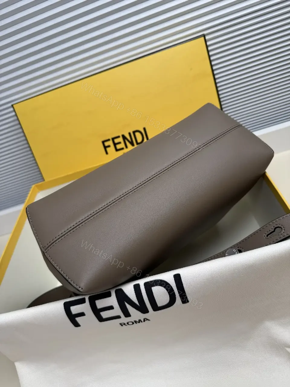 View 4 of Taupe-Gray Leather Handbag: Structured, Fendi Roma Logo Details