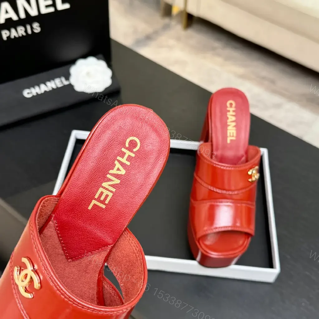 View 7 of Bold Red Platform Mules with Gold Logo Hardware