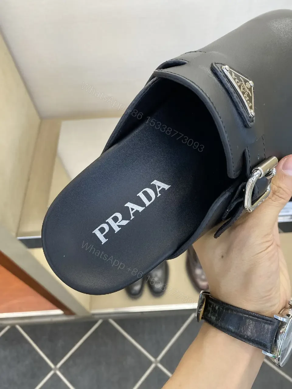 View 2 of Black Leather Slip-ons Mens Prada Style Buckle Sandals