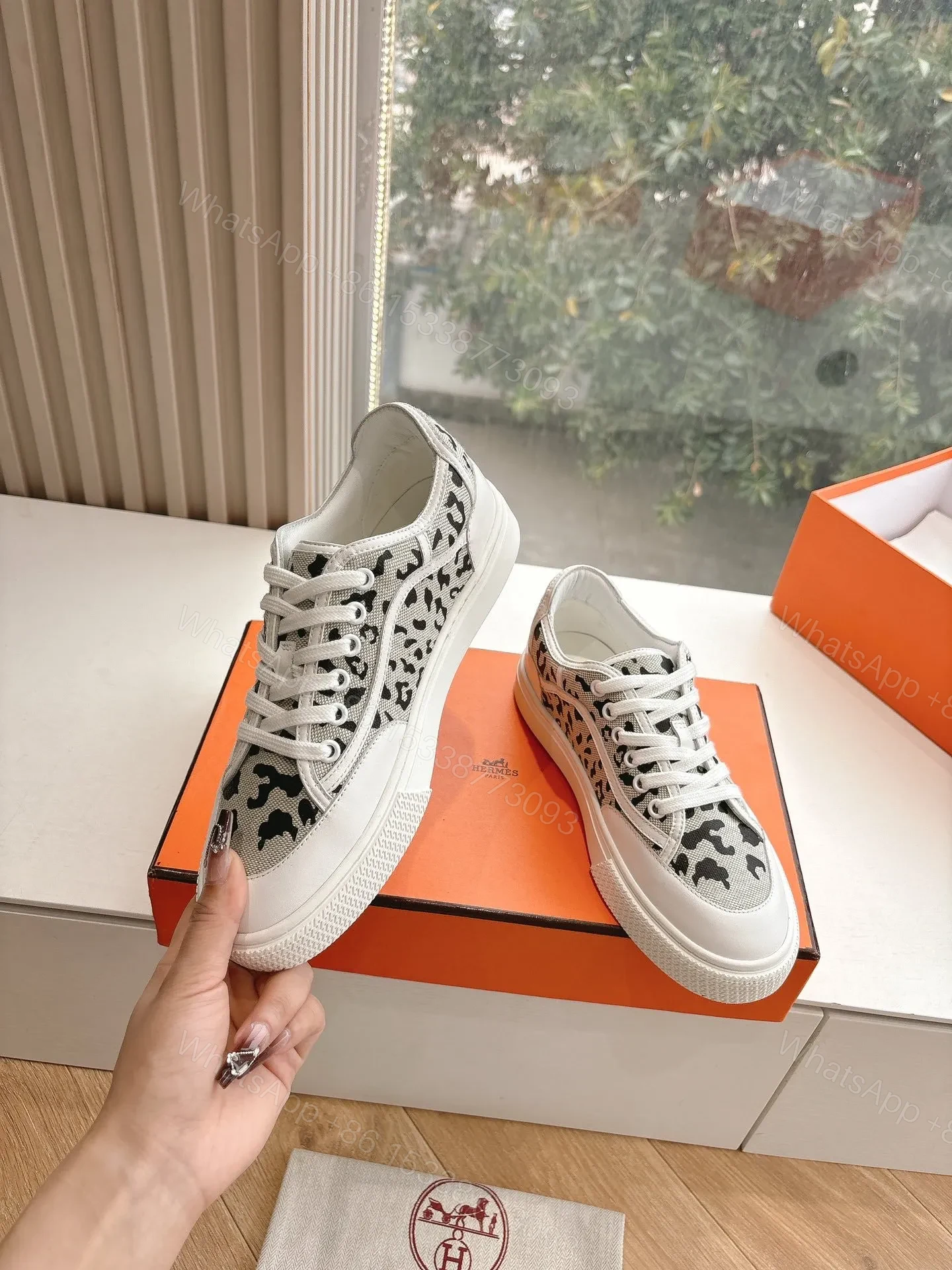 View 6 of Hermes Women White Canvas Leopard Print Sneakers