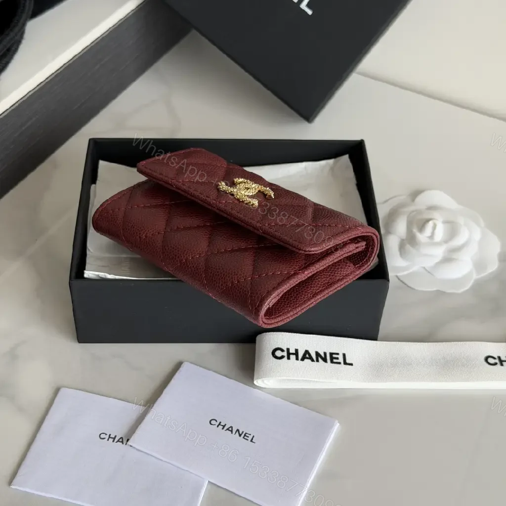 View 2 of Burgundy Quilted Leather Wallet — Gold Logo, Compact Bifold