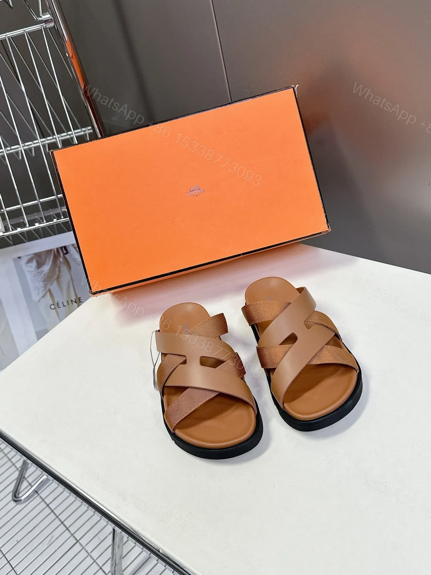 Hermes Women Tan Leather And Fabric Sandals — view 1