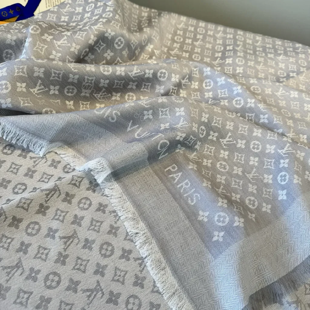 View 8 of Monogram Jacquard Scarf: Soft Warmth, Fringe Detail, Luxe Style
