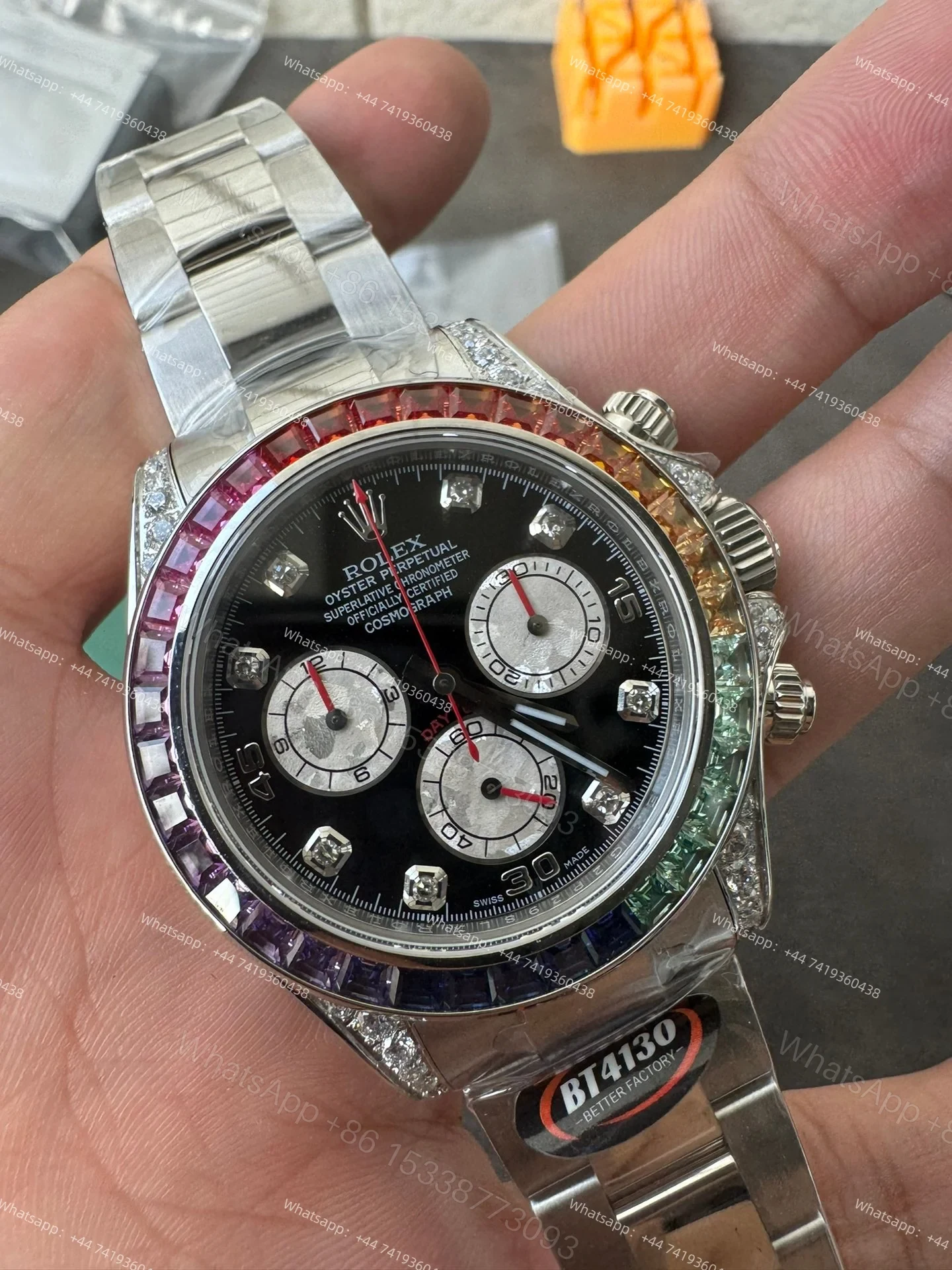 View 6 of Rolex Daytona 116599RBOW Rainbow Bezel 1:1 Replica – Black Diamond Dial Super Clone 4130