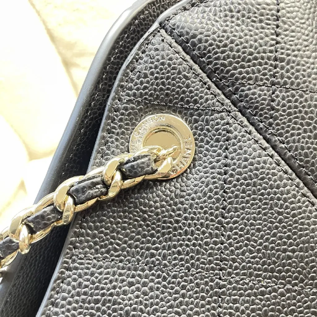 View 4 of Black Quilted Leather Shoulder Bag with Chain Straps and Chanel Logo