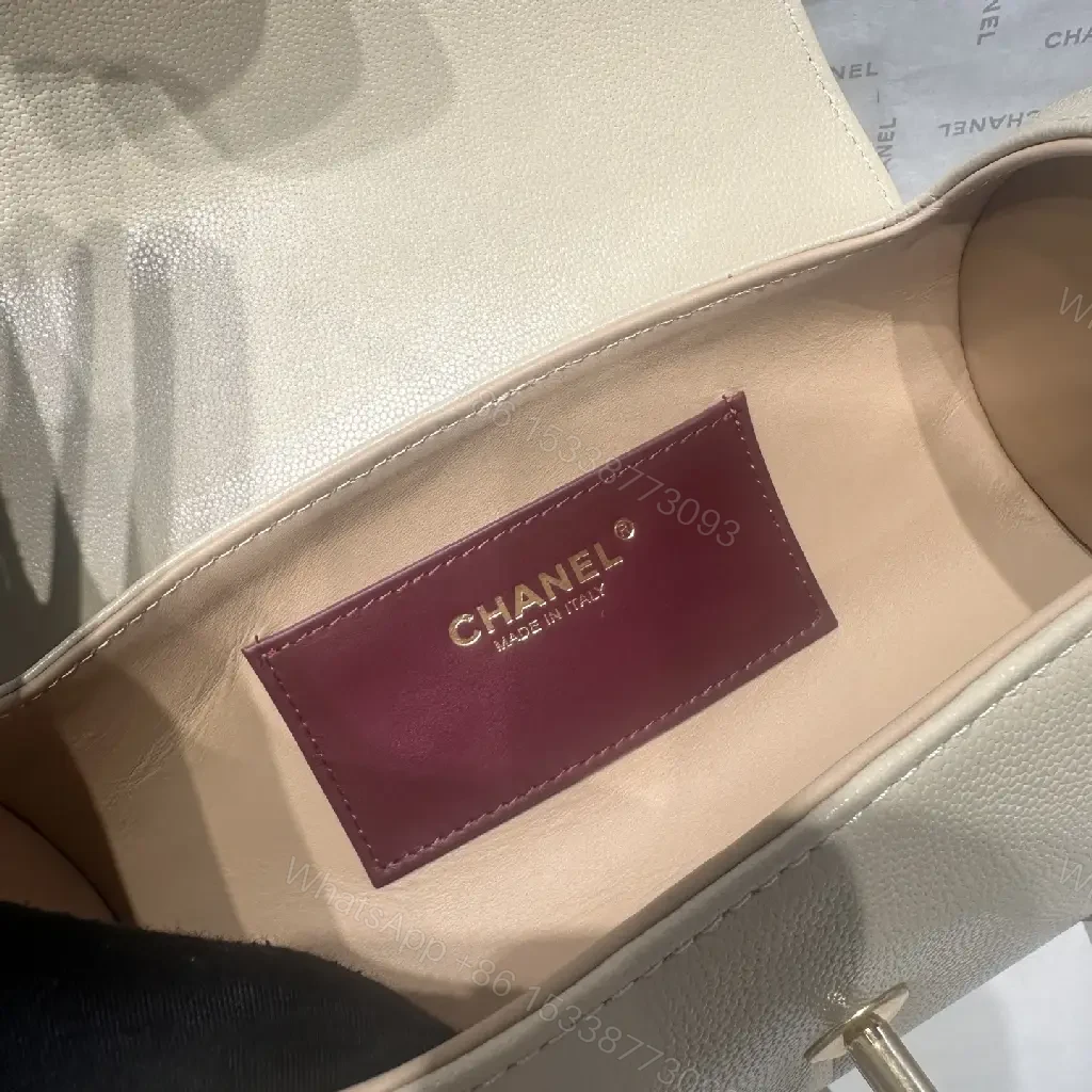 View 3 of Beige Leather Pebbled Small Top-Handle Bag with Gold Chanel Clasp