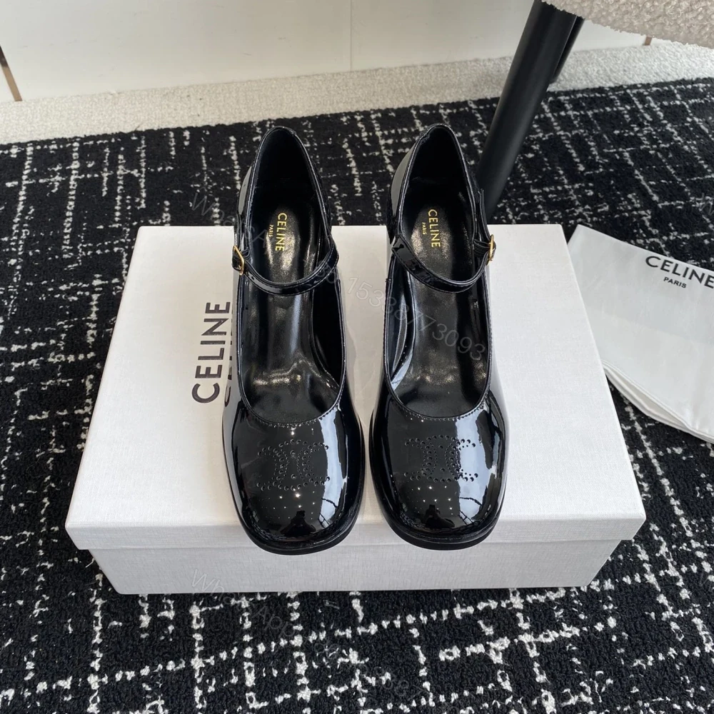 高仿Celine*360314582穿孔LOGO瑪麗珍鞋漆皮黑色6.5CM免檢版 — view 1