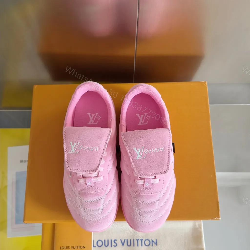 View 4 of Soft Pink Suede Luxe Sneakers with LV Detailing, High‐Top Comfort