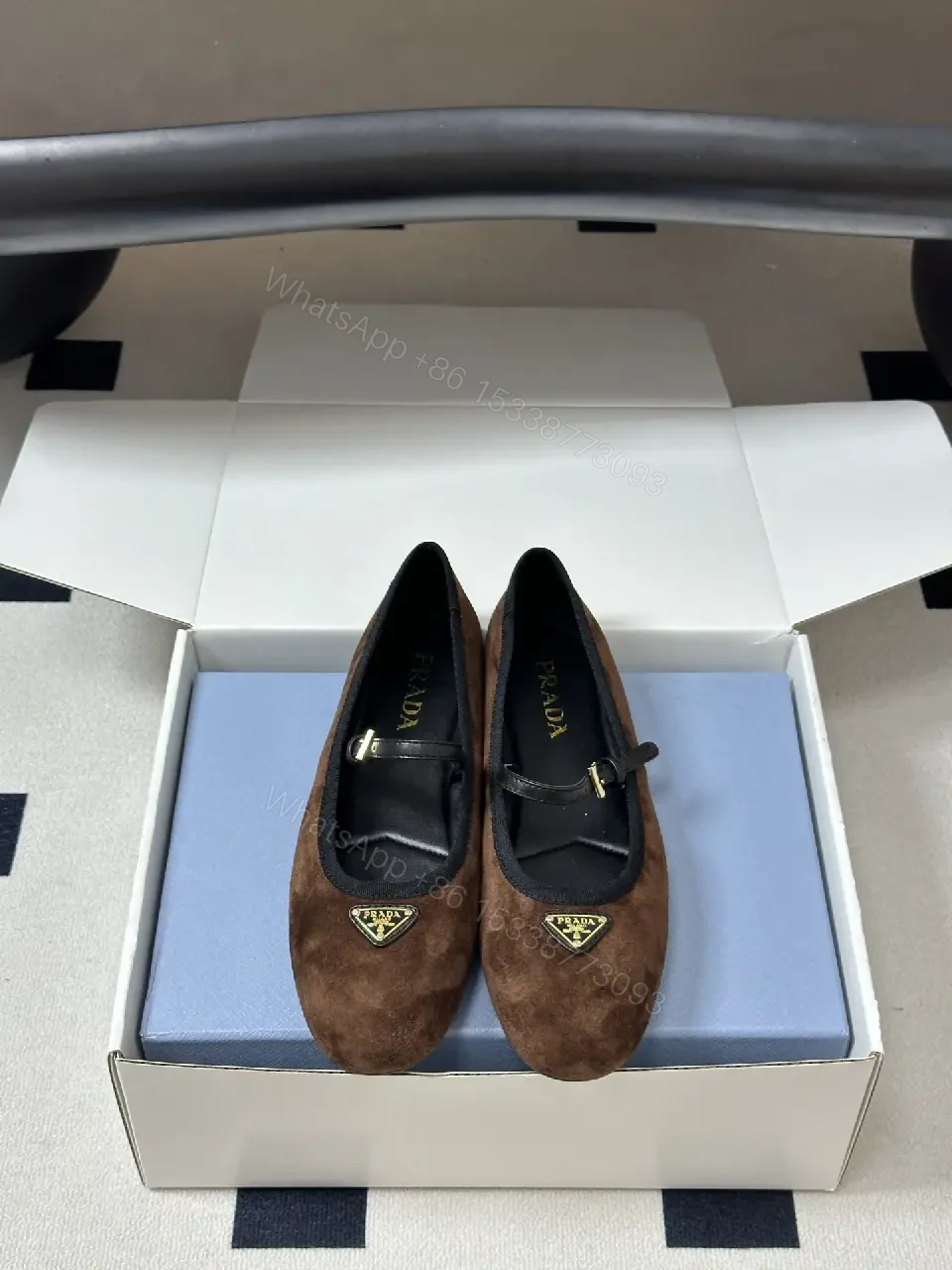 View 4 of Brown Suede Mary Jane Flats Black Trim Classic Prada-Style Logo Shoe
