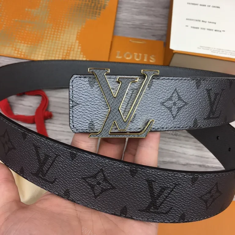 View 4 of Gray Leather Belt with Gold LV-Inspired Buckle