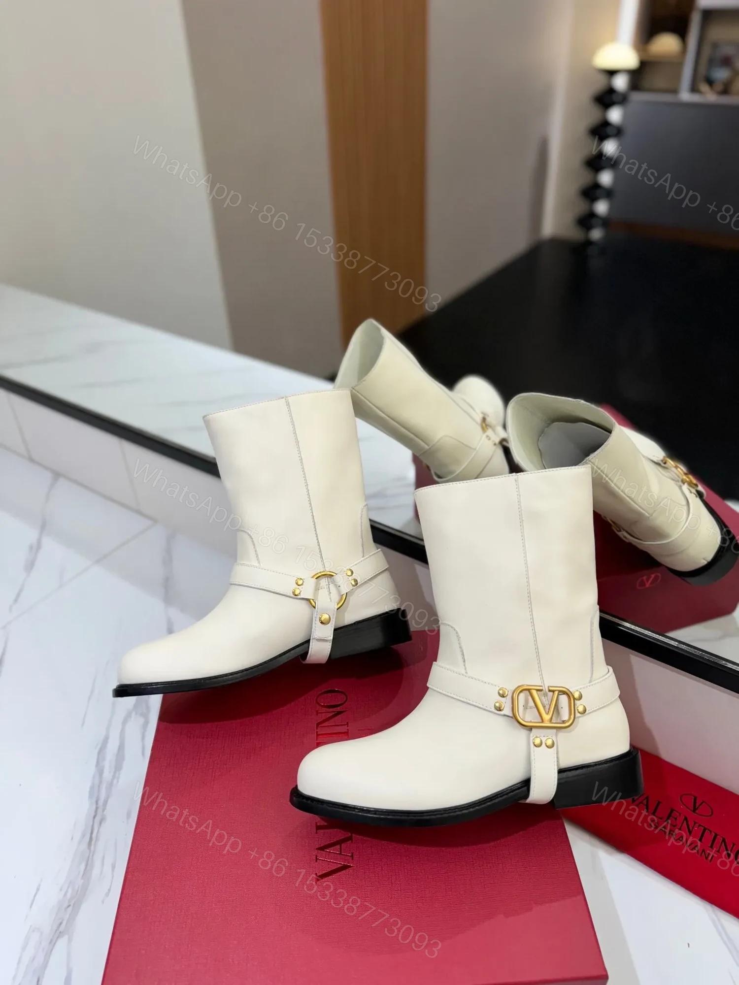 View 2 of Valentino Women White Leather Mid-Calf Boots