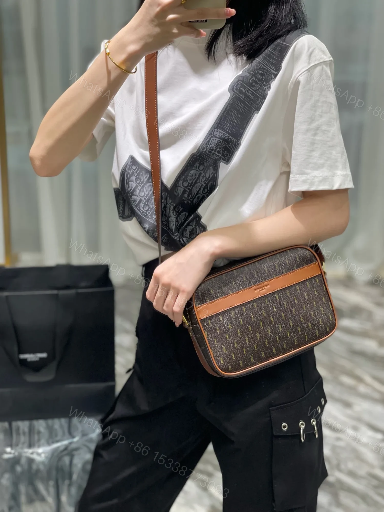 View 6 of Saint Laurent Canvas Smooth Calfskin Le Monogramme Camera Bag Chestnut