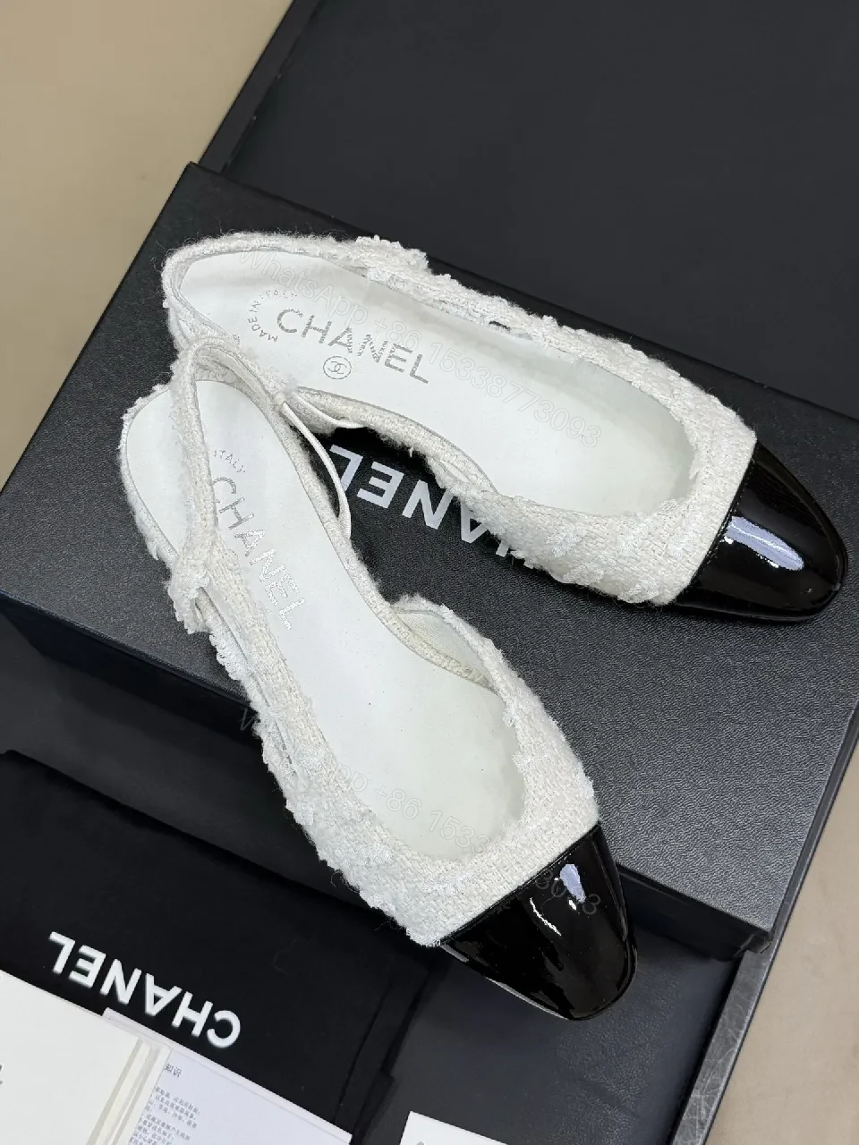 View 9 of White Tweed Patent-Toe Slingback Pumps with Mid-Heel