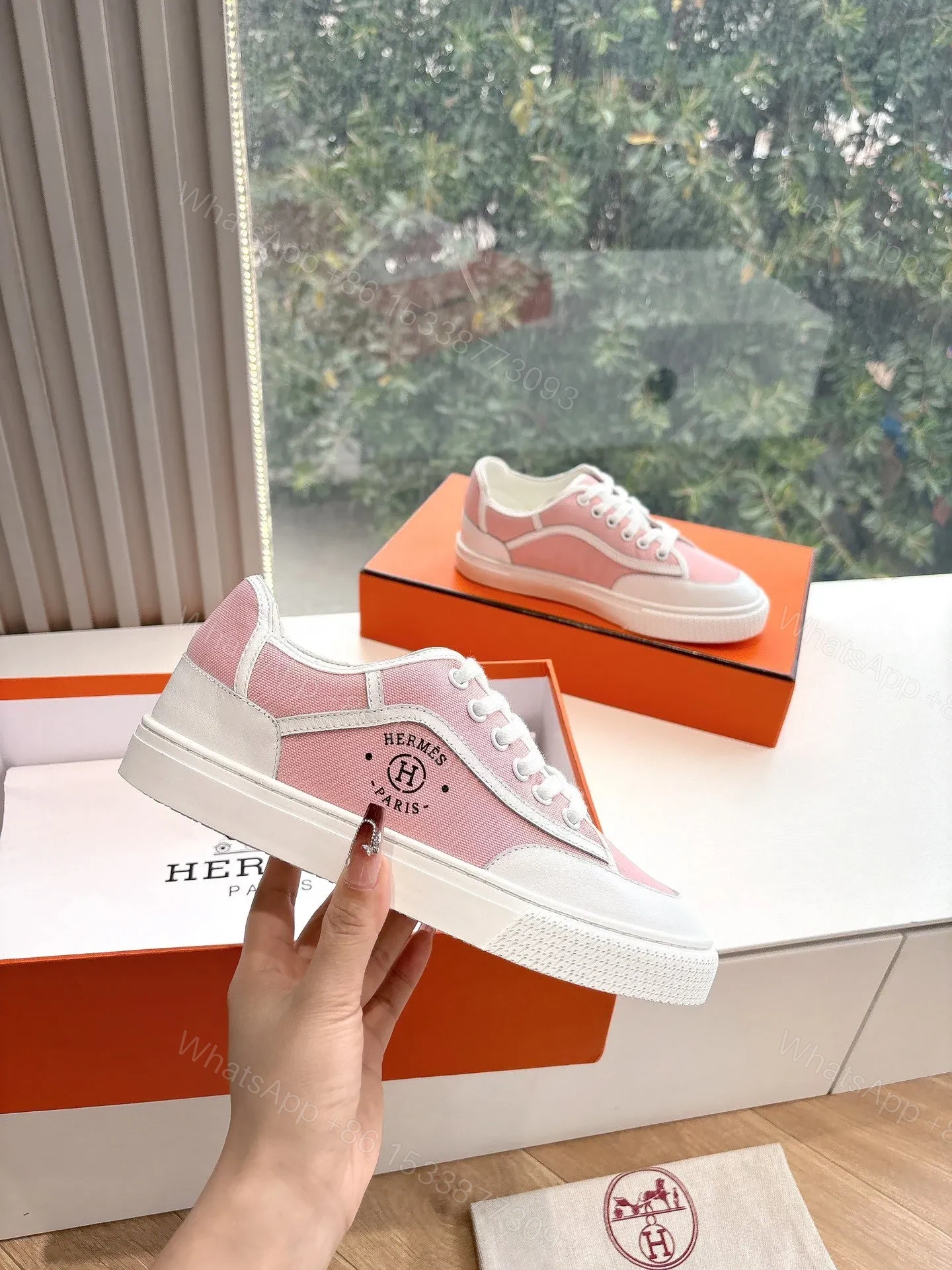 View 4 of Hermes Women Pink Canvas And White Leather Sneakers