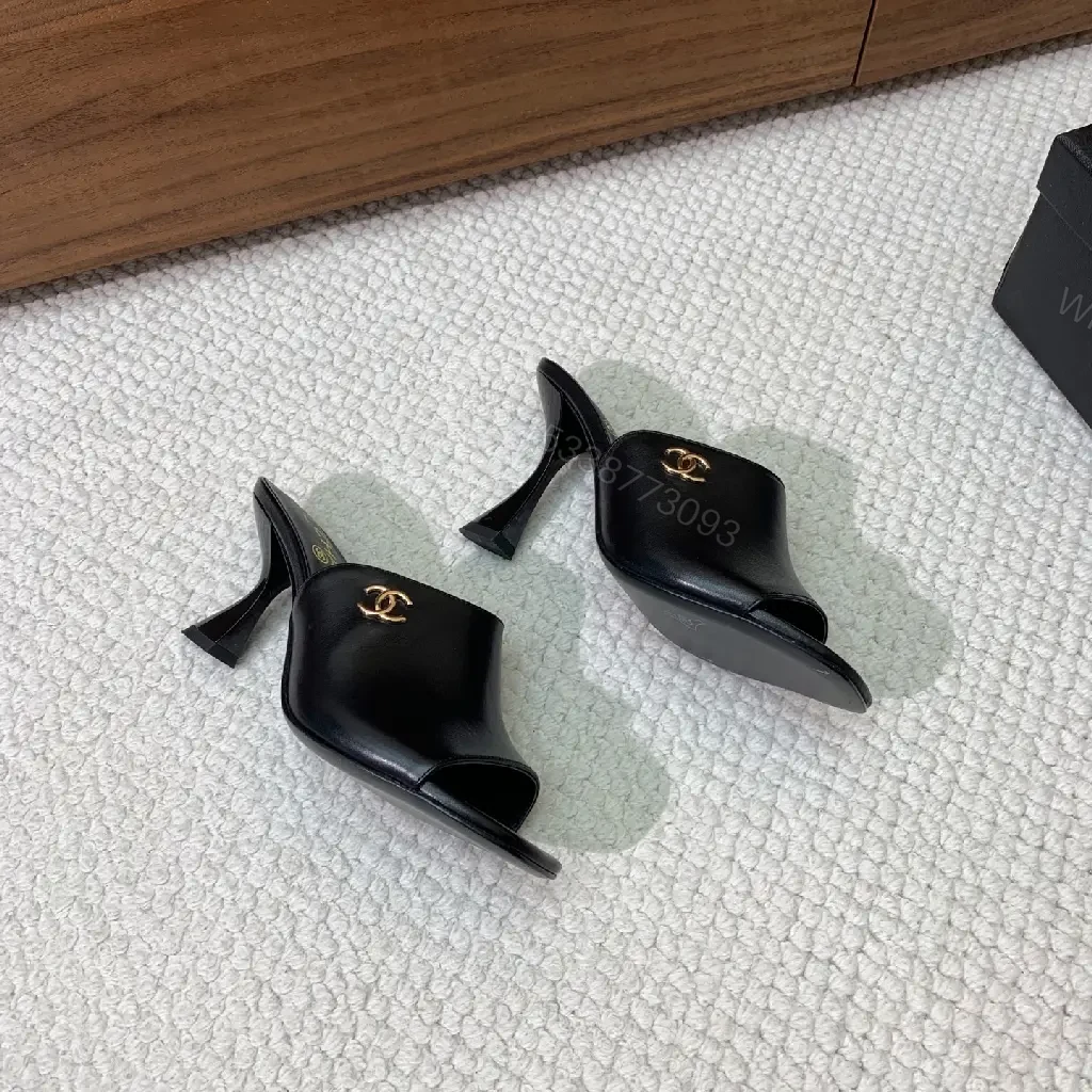 View 5 of Chic Black Leather Slide Heels – Luxe Comfort, Gold Hardware