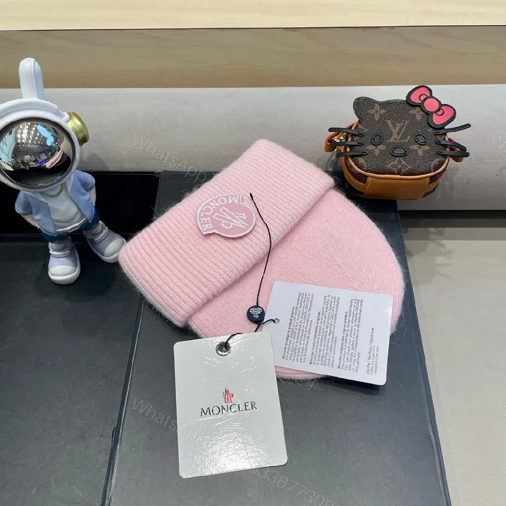 View 7 of Soft Pink Wool Beanie: Luxe Moncler Patch, Cozy Everyday Wear
