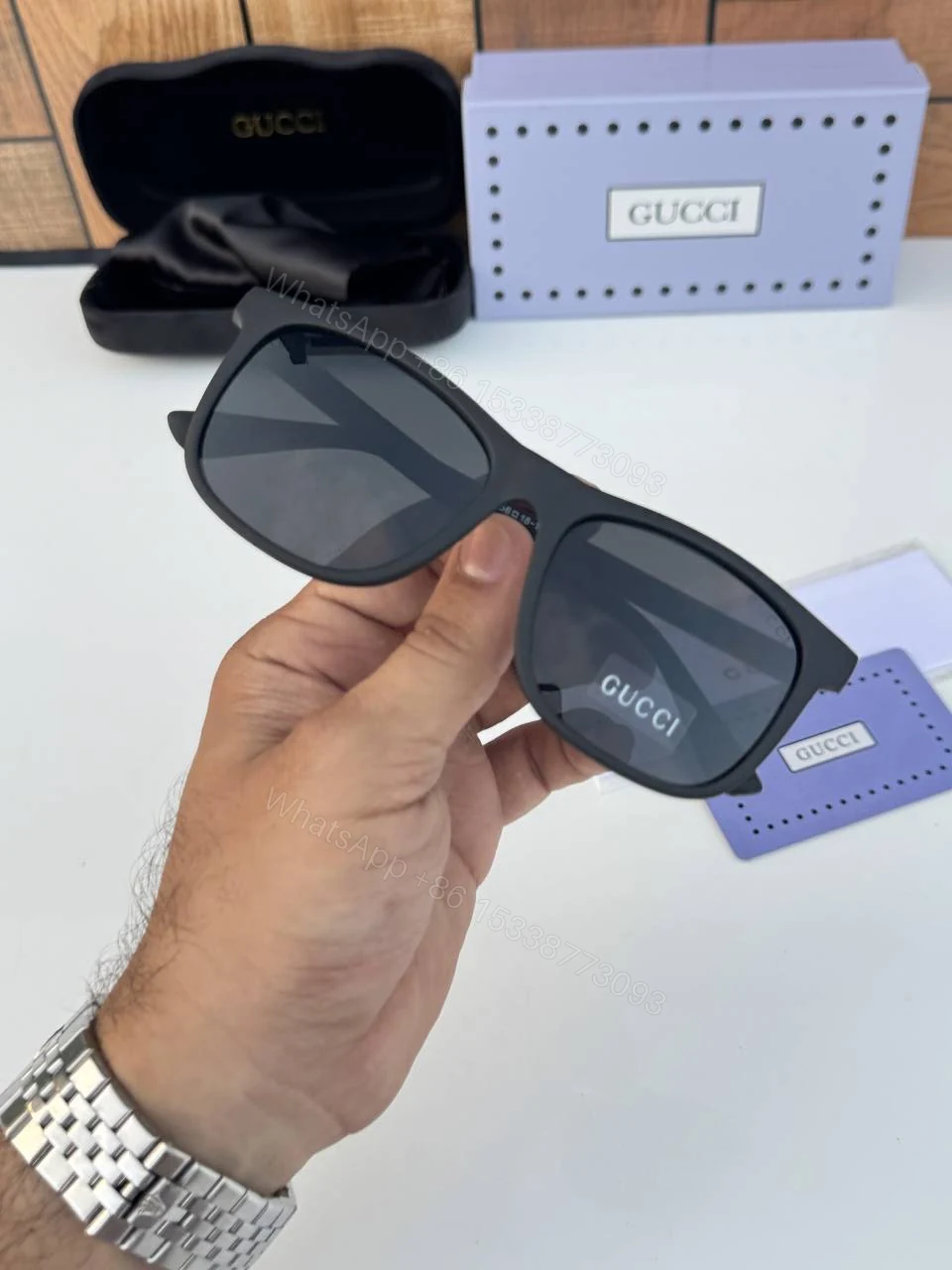 View 3 of First Copy Gucci 381 Matt Black Luxury Square Sunglasses UV Protection Premium Designer Eyewear