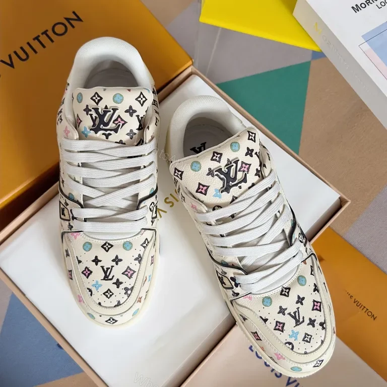 View 2 of White LV-Pattern High-Top Sneakers: Multicolor Luxury Comfort