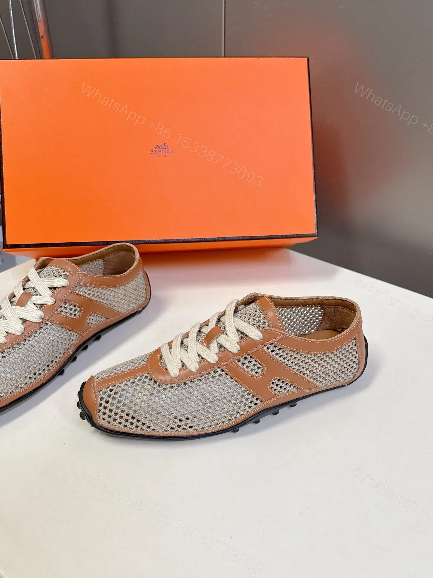View 4 of Hermes Women Beige Mesh And Tan Leather Sneakers